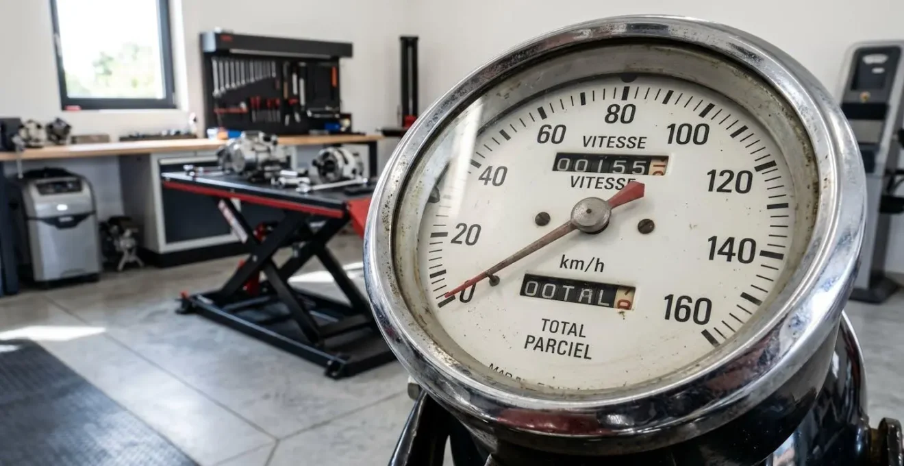 Gros plan sur un compteur kilométrique rond chromé d'une moto ancienne dans un garage contemporain lumineux