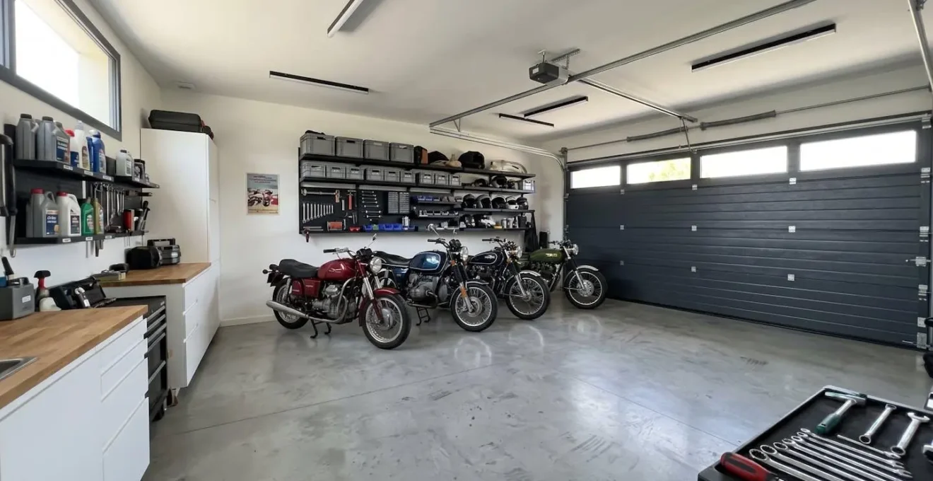 Intérieur de garage privé contemporain avec deux motos anciennes stationnées en arrière-plan et porte fermée
