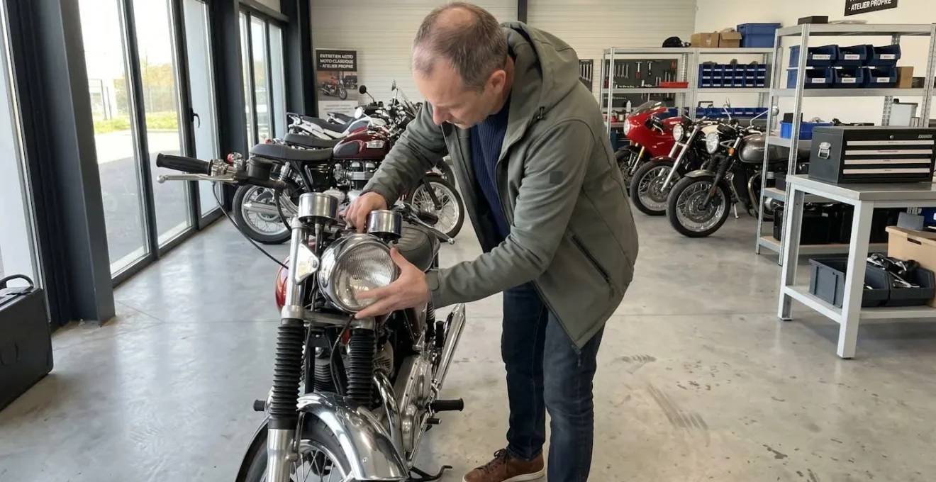 Collectionneur vu de dos inspectant les chromes d'une moto ancienne dans un garage lumineux contemporain